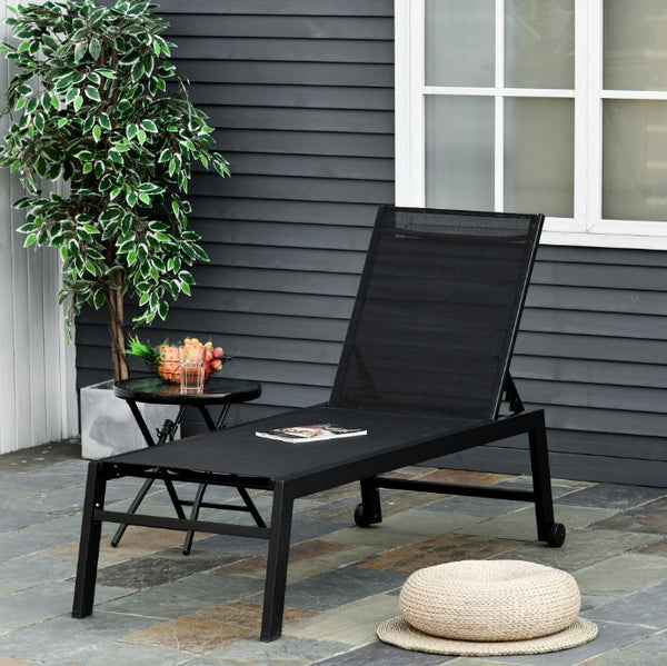 Chaise Lounge Chair Black With Wheels Adjustable Backrest