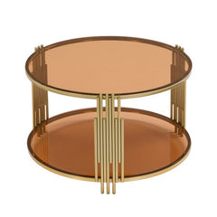 Modern Brown Glass Coffee Table, Asymmetrical Metal, Circular Metal Drum Base, Gold Finish  Lower Shelf