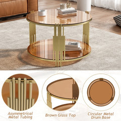 Modern Brown Glass Coffee Table, Asymmetrical Metal, Circular Metal Drum Base, Gold Finish  Lower Shelf