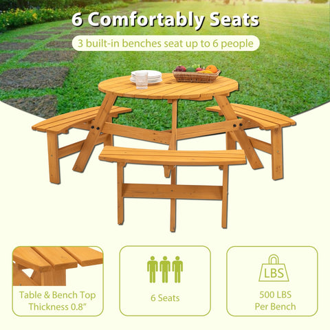 6-Person Outdoor Wooden Picnic Table W 3 Benches For Patio, Backyard, Garden