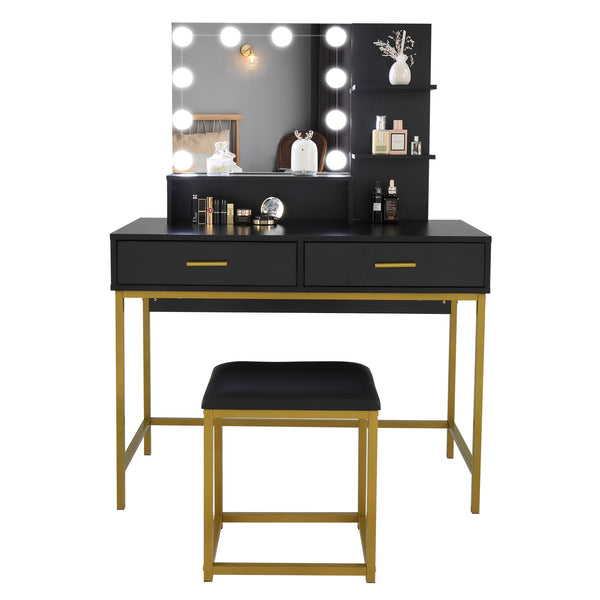 Black, Particleboard, Steel Frame, Two-drawer, Dressing Table Set, Light Luxury