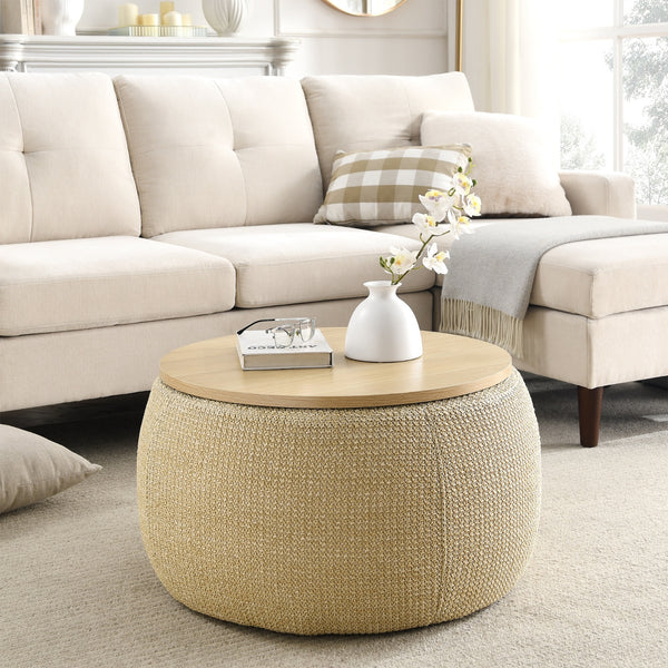 2-in-1 Round Storage Ottoman  End Table, Natural 25.5x25.5x14.5