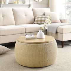 2-in-1 Round Storage Ottoman  End Table, Natural 25.5x25.5x14.5