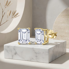 925 Sterling Silver Elegant Emerald Cut CZ Stud Earrings in Gold-Plated Sterling