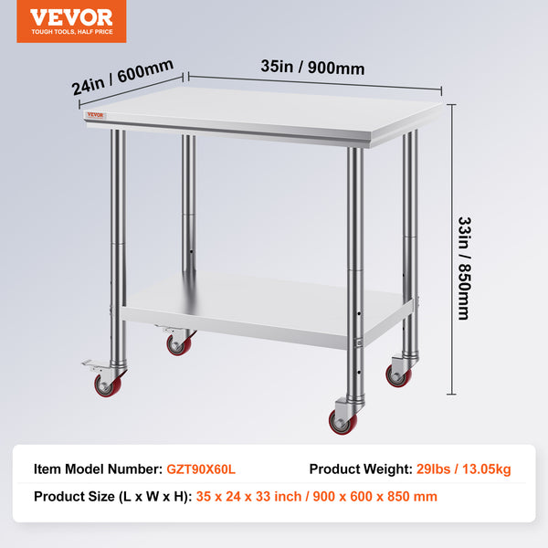 VEVOR Stainless Steel  Commercial Food Prep Worktable With Casters