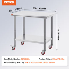 VEVOR Stainless Steel  Commercial Food Prep Worktable With Casters