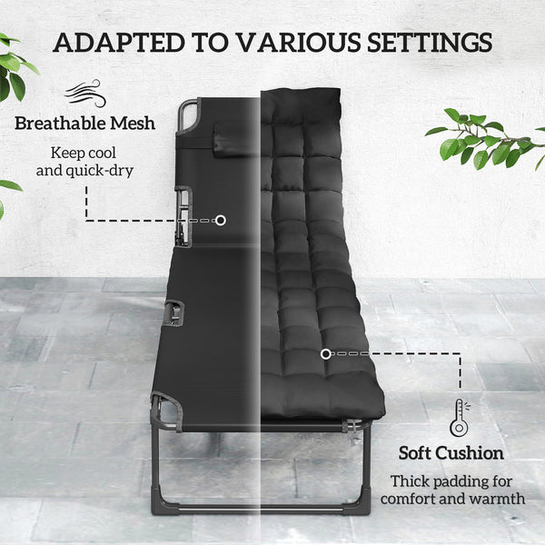 Folding Chaise Lounge Chair Outdoor Tanning Chair with 5-Position Backrest, Cushion, Side Pocket, Black