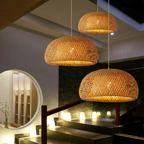 Woven pendant lights hanging in a modern interior setting.