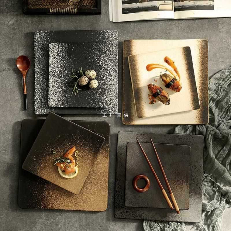 Square Plate Colored Glaze Plate Dish Barbecue Ceramic Plate