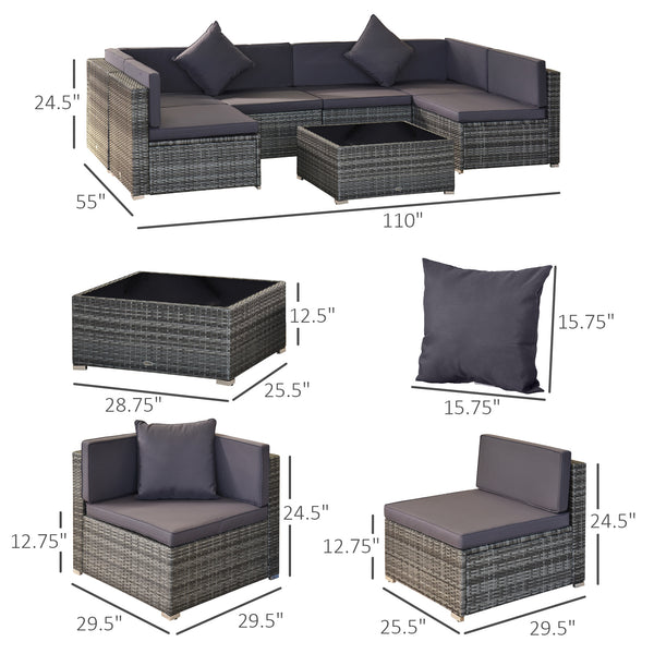 7 Piece Wicker Patio Furniture For Backyard Outdoor Sectional Sofa With Cushions  Tempered Glass Coffee Table Pillows Gray