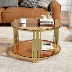 Modern Brown Glass Coffee Table, Asymmetrical Metal, Circular Metal Drum Base, Gold Finish  Lower Shelf