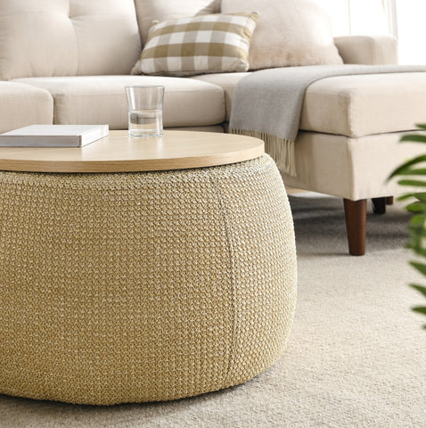 2-in-1 Round Storage Ottoman  End Table, Natural 25.5x25.5x14.5