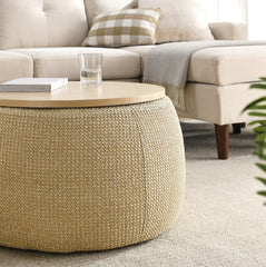 2-in-1 Round Storage Ottoman  End Table, Natural 25.5x25.5x14.5