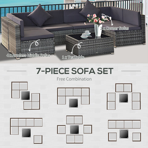 7 Piece Wicker Patio Furniture For Backyard Outdoor Sectional Sofa With Cushions  Tempered Glass Coffee Table Pillows Gray