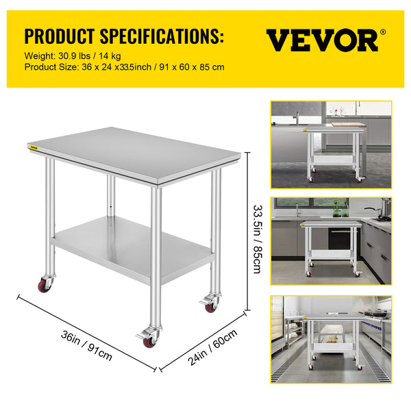 VEVOR Stainless Steel  Commercial Food Prep Worktable With Casters