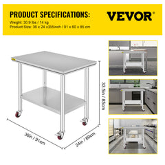 VEVOR Stainless Steel  Commercial Food Prep Worktable With Casters