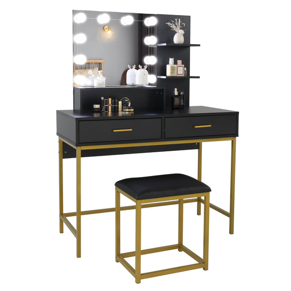 Black, Particleboard, Steel Frame, Two-drawer, Dressing Table Set, Light Luxury