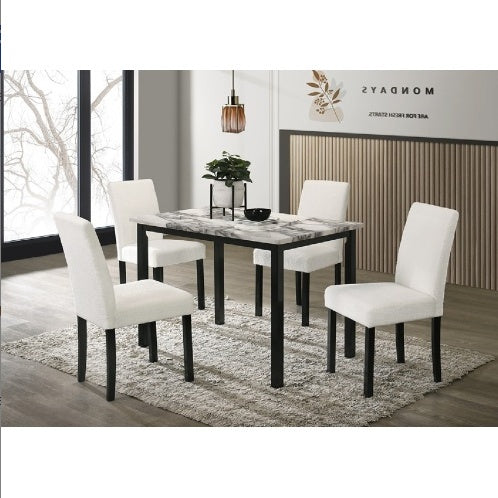 White Wool Fabric Chairs Faux Marble Top Table 5pc Dining Set