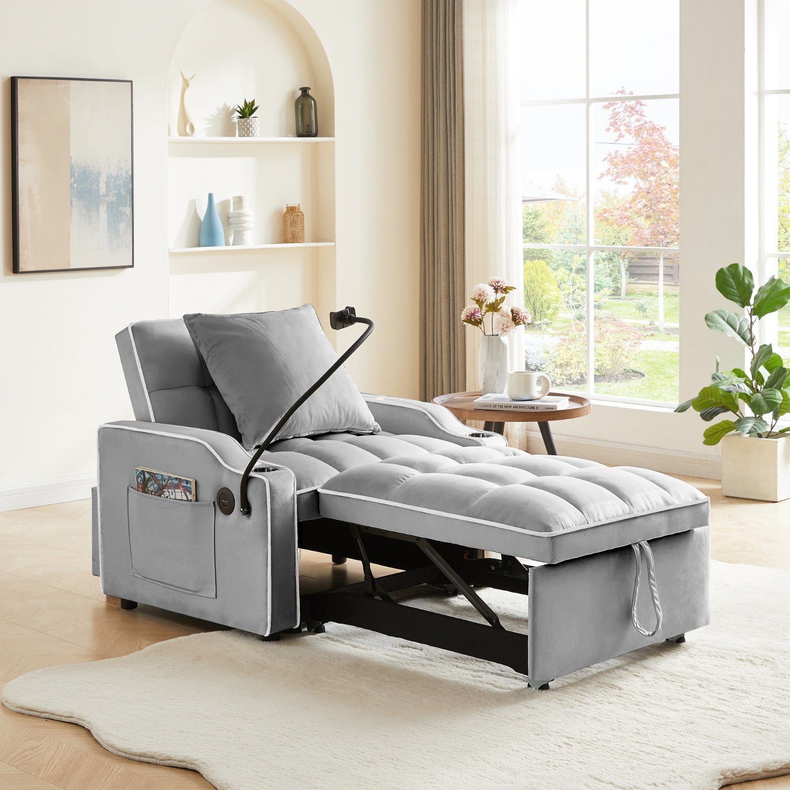 Convertible Sleeper Chair Sofa Bed Adjustable Pull Out Sleeper Chair Bed Multi-Pockets Folding Sofa